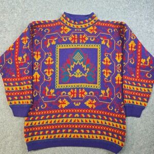 VTG 90s Sweater Adult M Floral Aztec Colorful‎ Geometric Cottagecore Wool Italy